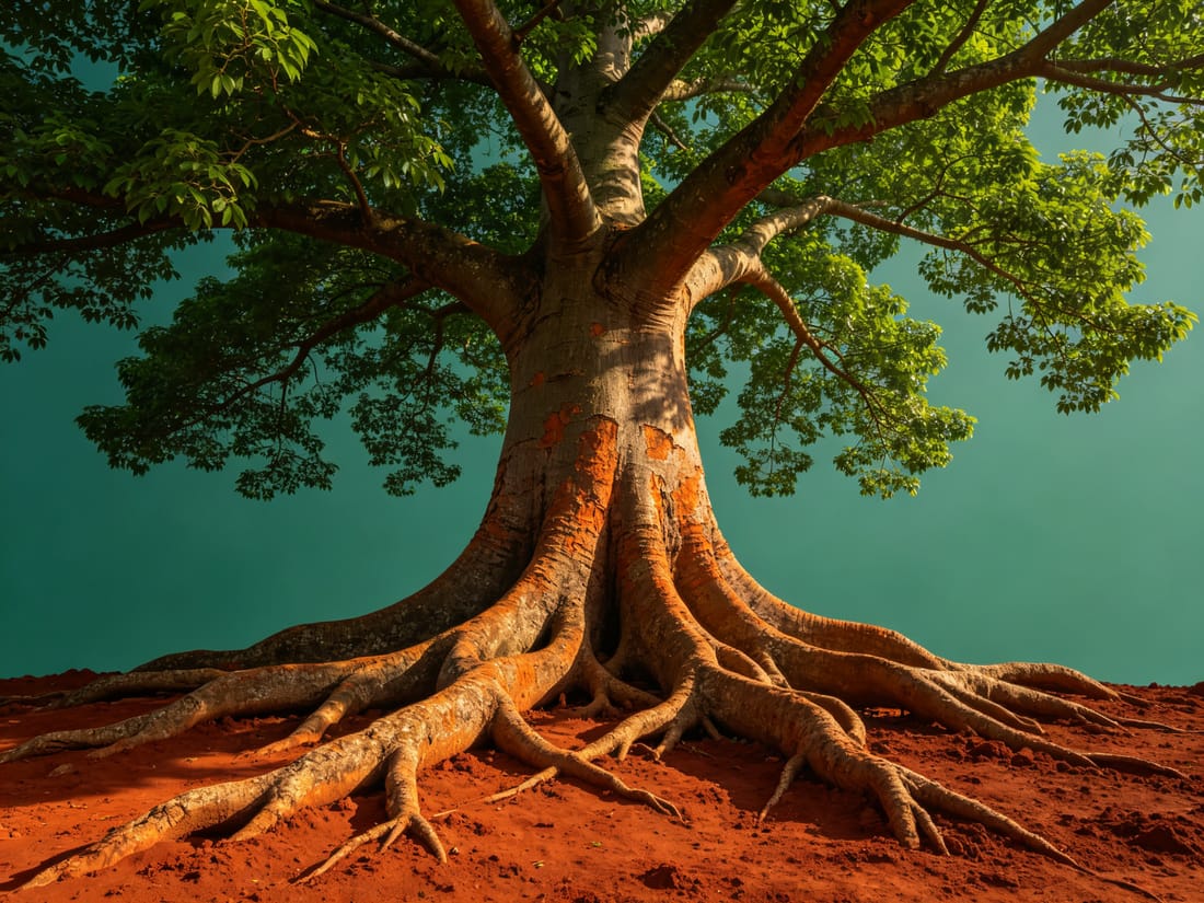 Raíces profundas y copa ancha de un árbol ceiba, símbolo de una base sólida para el colegio
