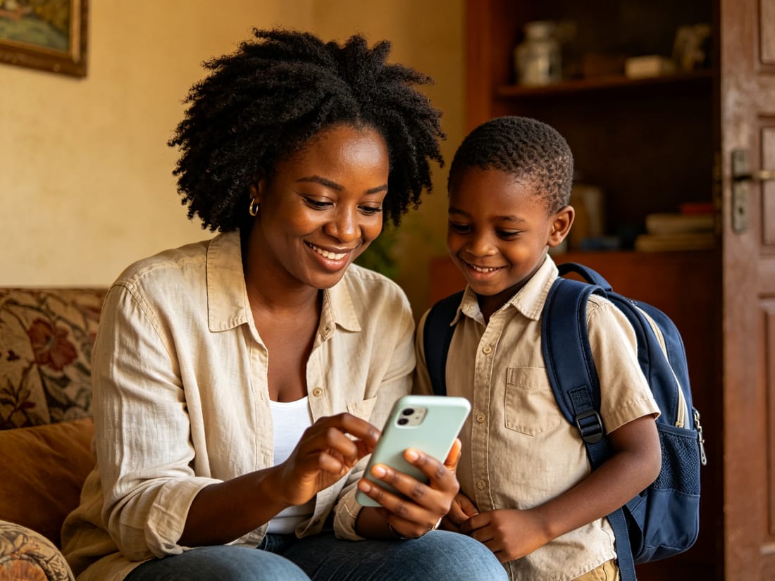 Madre revisando en su teléfono la información escolar de su hijo