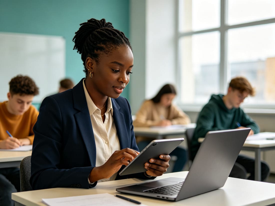 Docente usando una tableta y un ordenador en un aula moderna